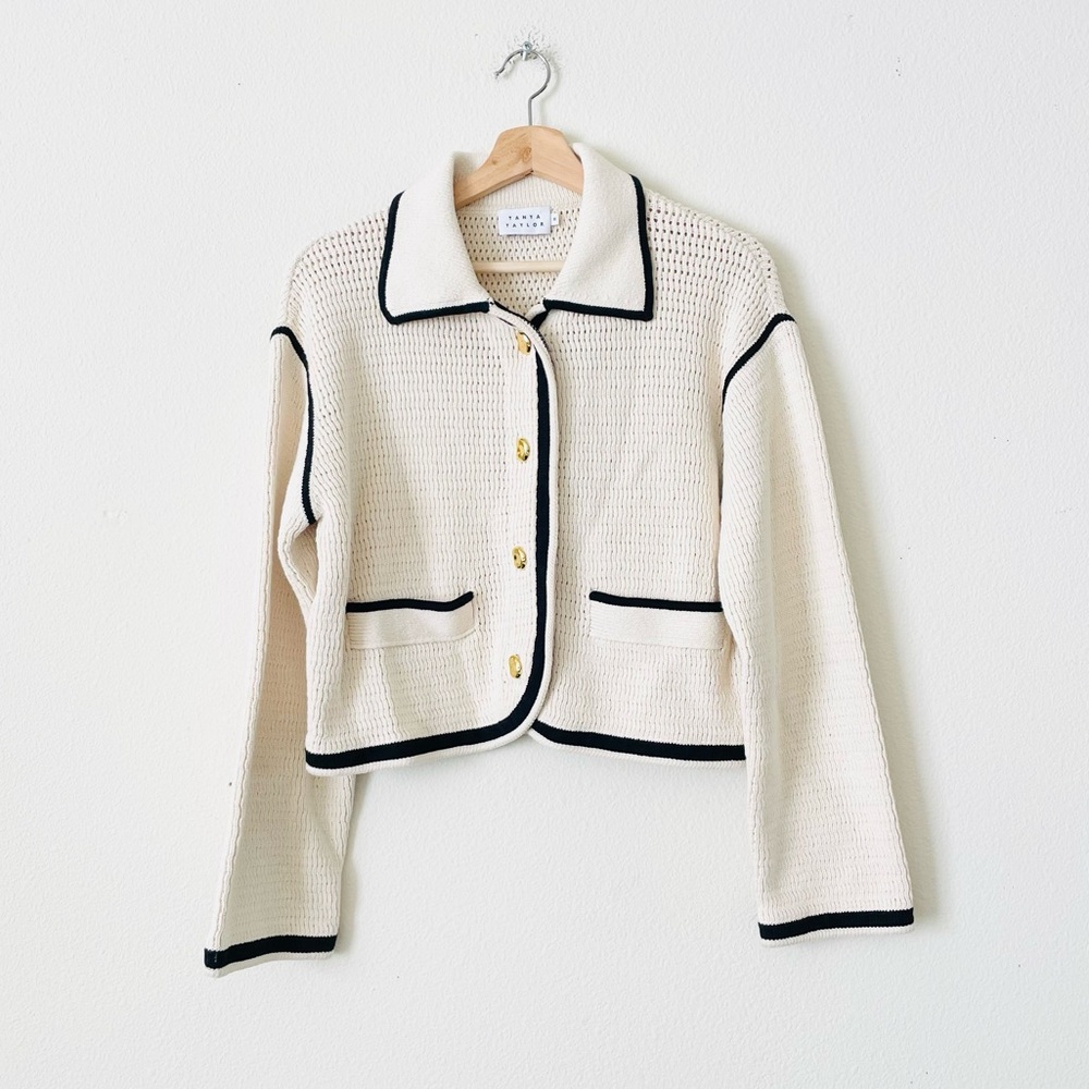 Tanya Taylor MEDIUM Indra contrast knit crochet cardigan jacket